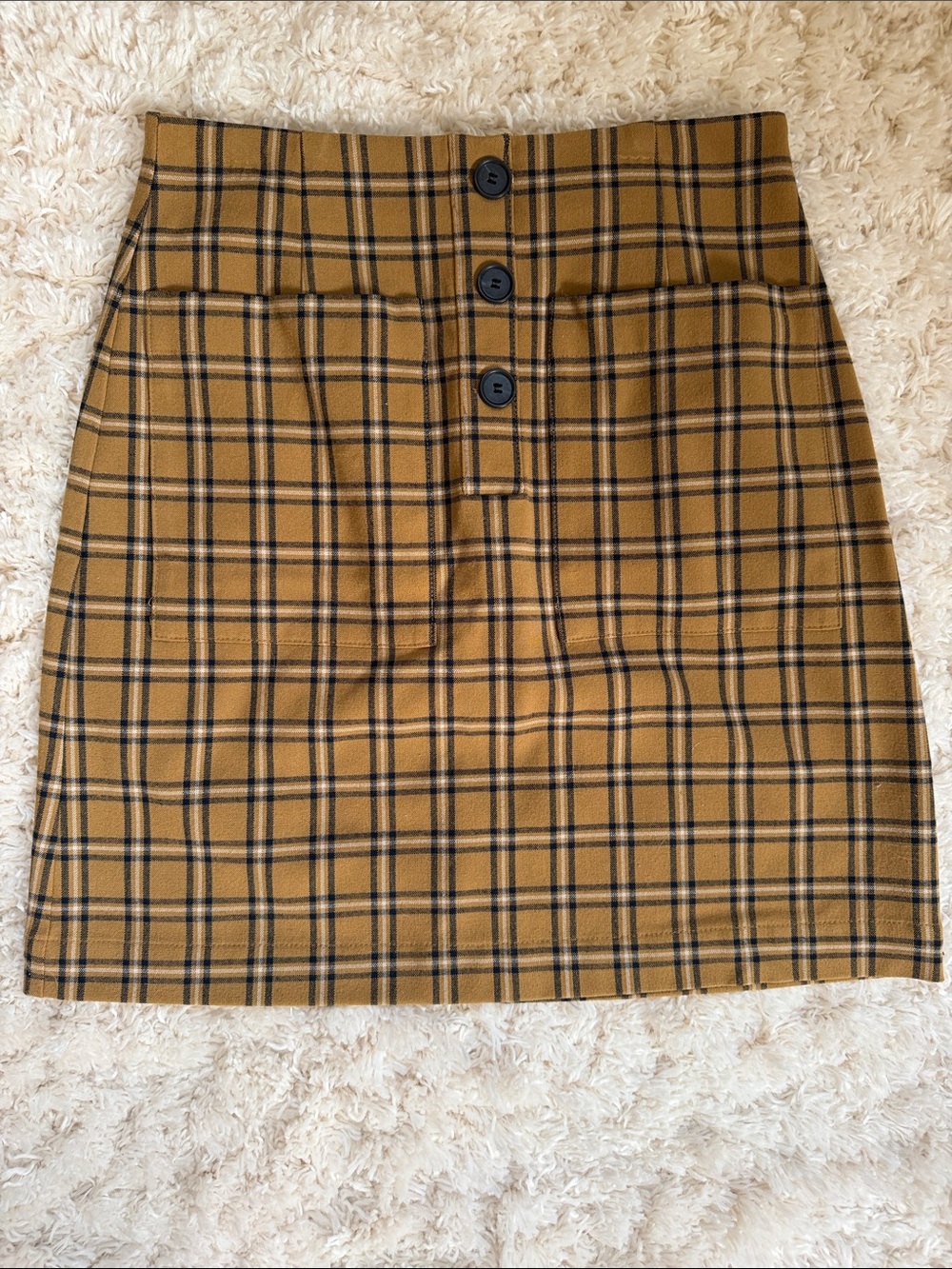 LOFT Mustard Plaid Front-Button Mini Skirt